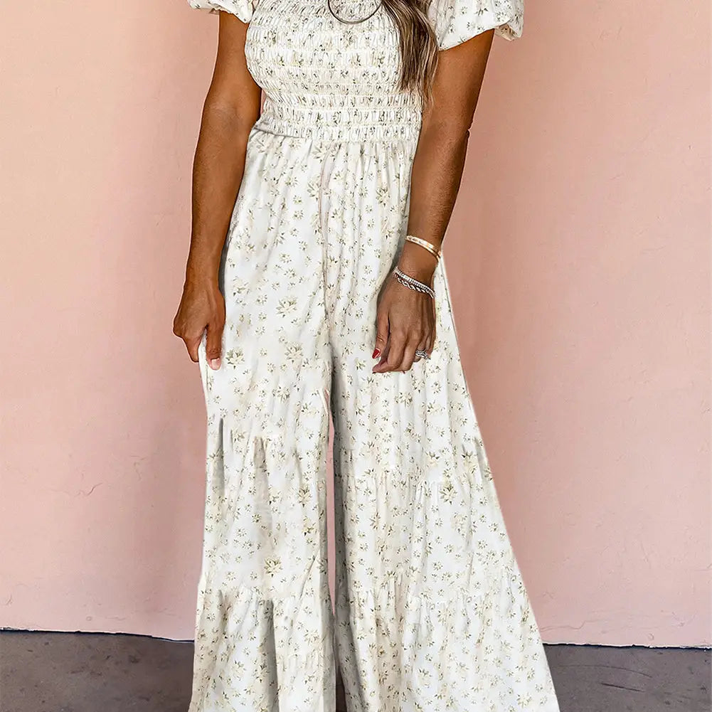 Floral Puff Sleeve Smocked Jumpsuit