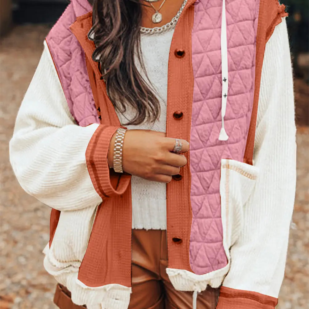 Quilted Textured Patchwork Hooded Jacket