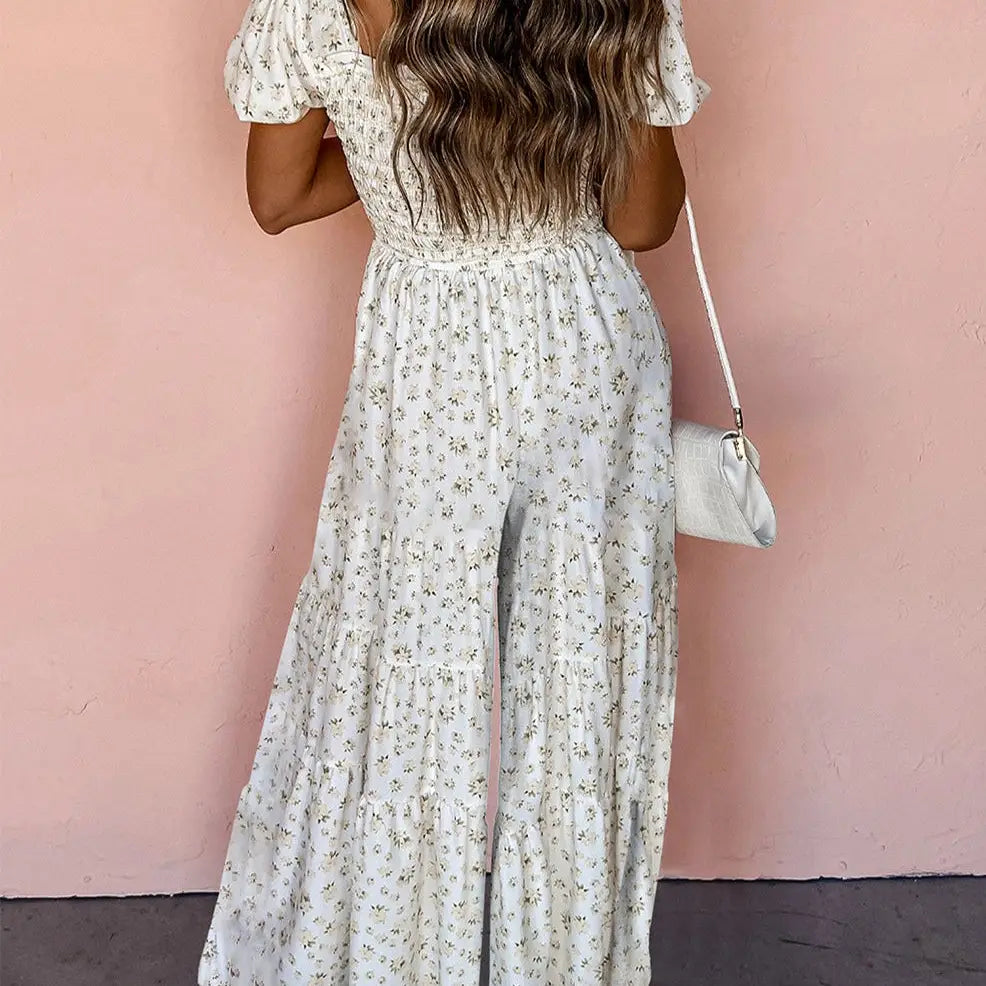 Floral Puff Sleeve Smocked Jumpsuit