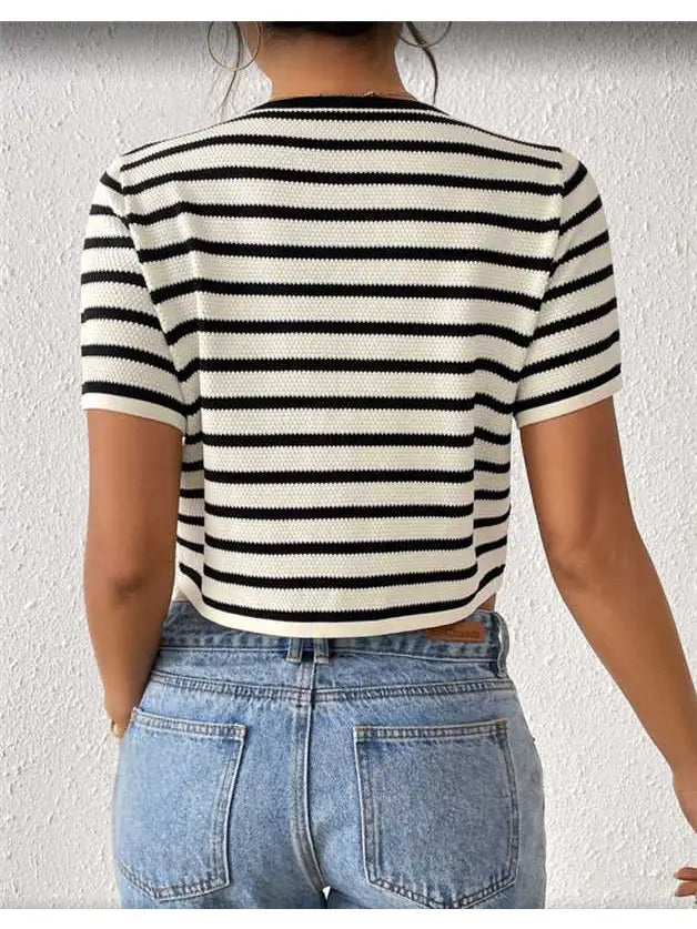 Striped Cropped Knit Top with Lace-Up Front
