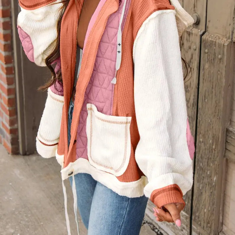 Quilted Textured Patchwork Hooded Jacket