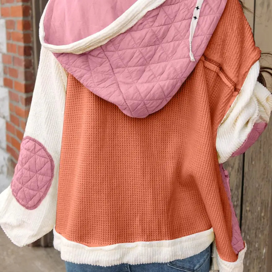 Quilted Textured Patchwork Hooded Jacket