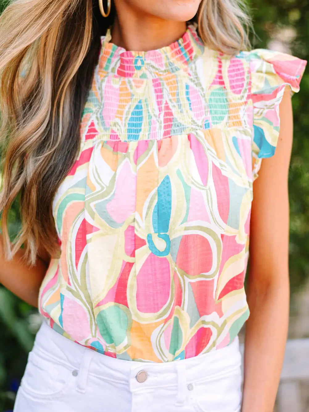 Smocked Collar Ruffled Sleeve Blouse