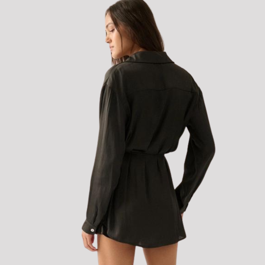 Black Satin Long Sleeve Romper