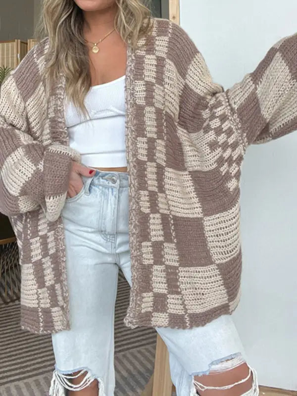Boxy Checkerboard Knit Cardigan