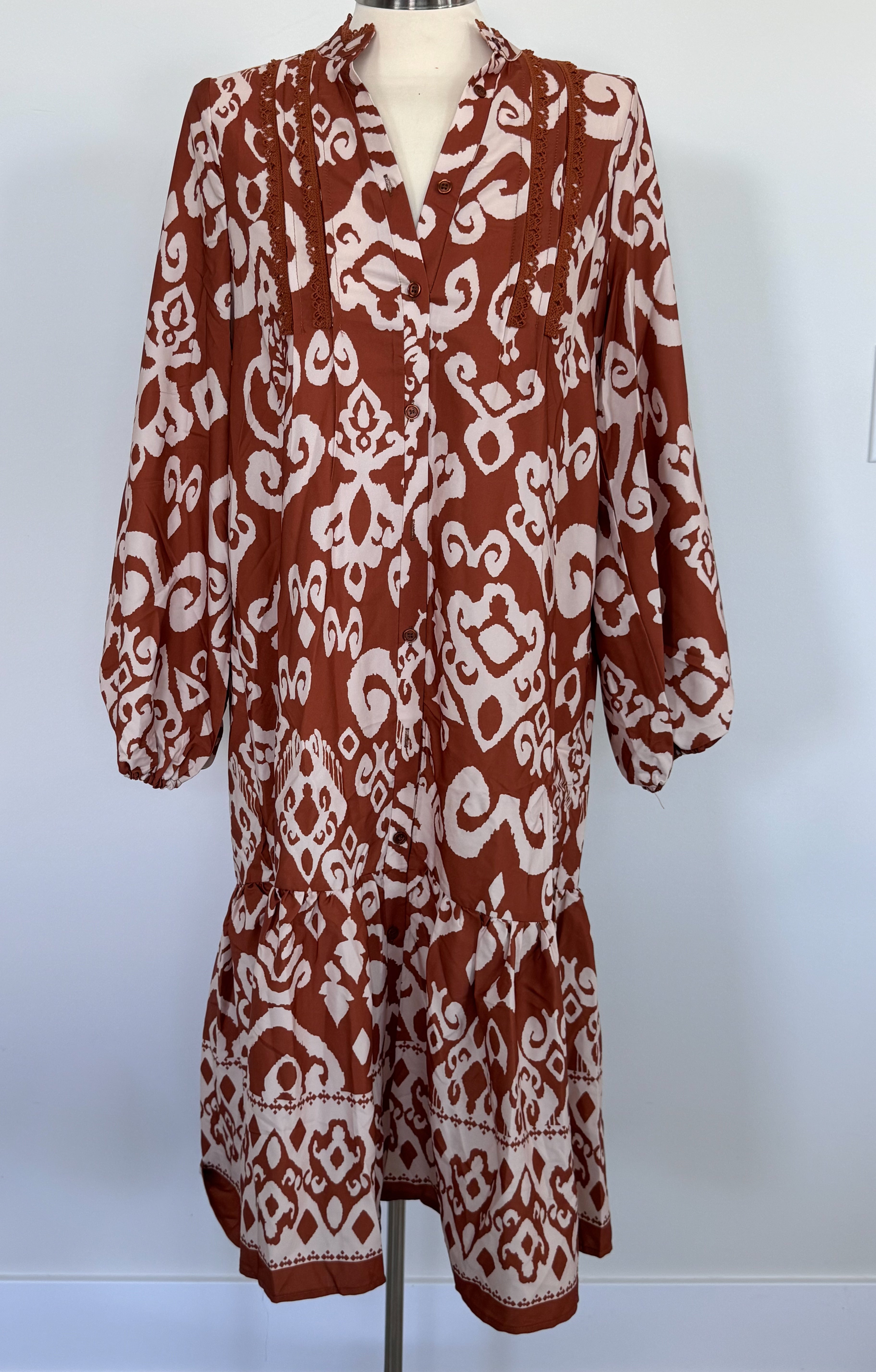 Burnt Orange Cream Design Dress Large