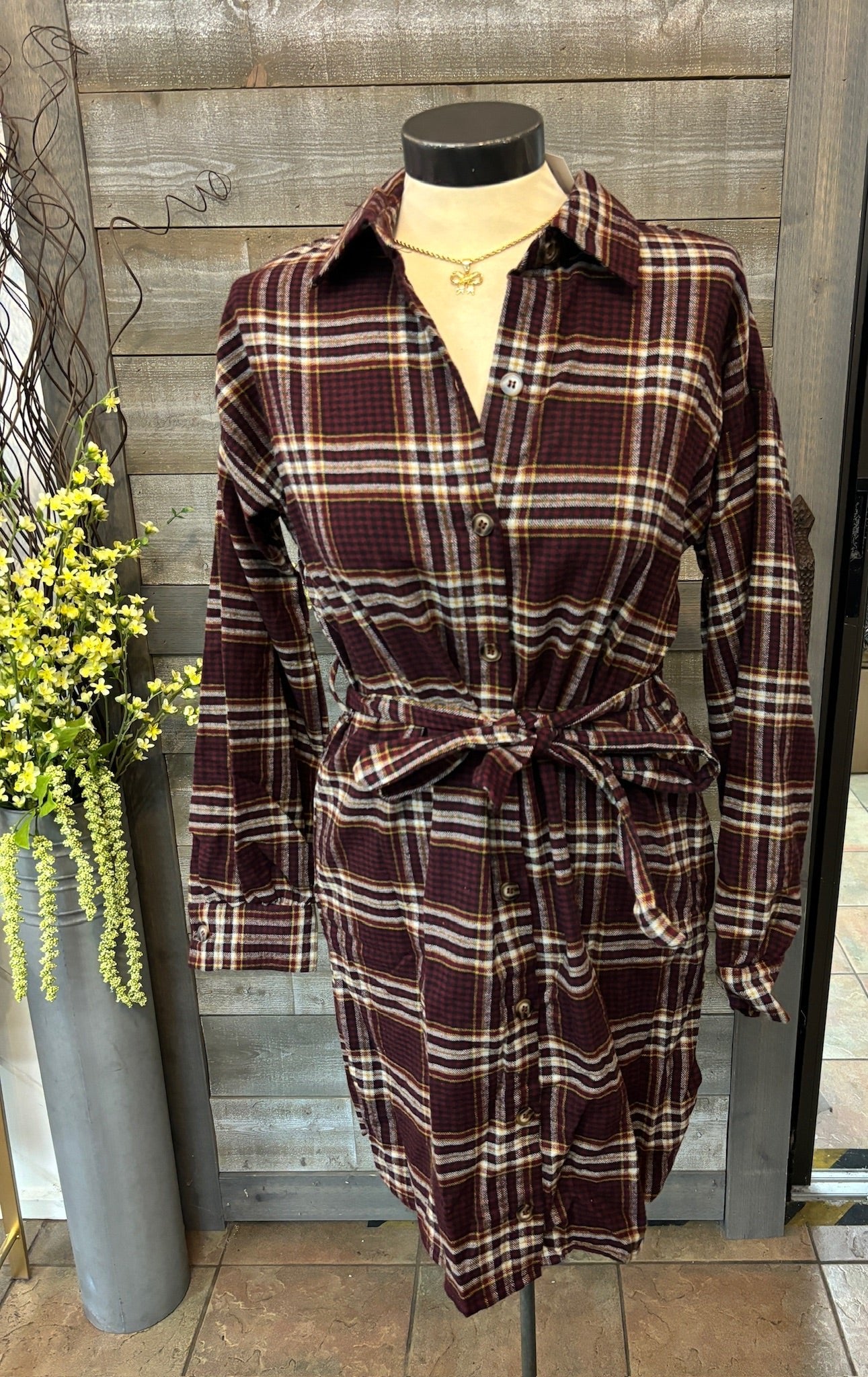 Long Sleeve Burgundy Plaid Dress Large