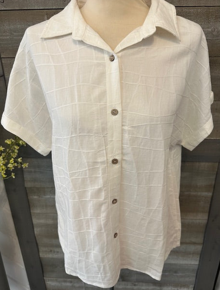 White Textured Button Blouse