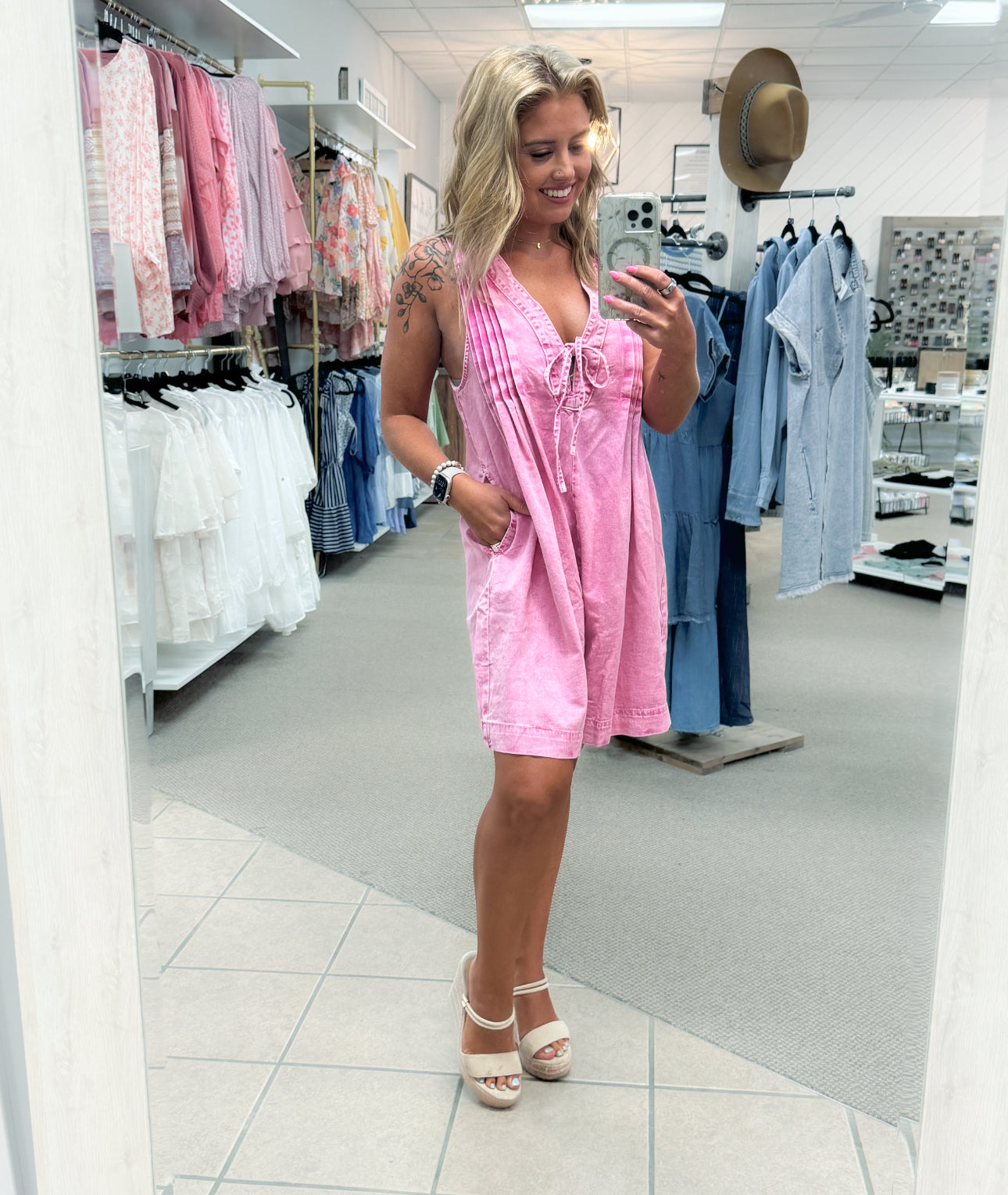 Mineral Wash Sleeveless Knot V Neck Pleated Denim Romper