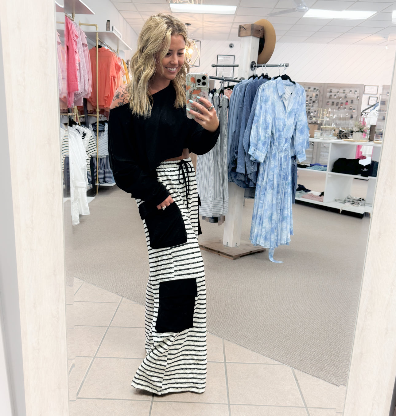 Stripe Print Cargo Pocket Wide-Leg Pants