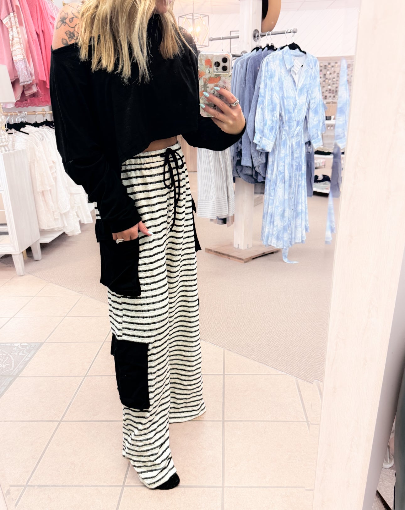 Stripe Print Cargo Pocket Wide-Leg Pants