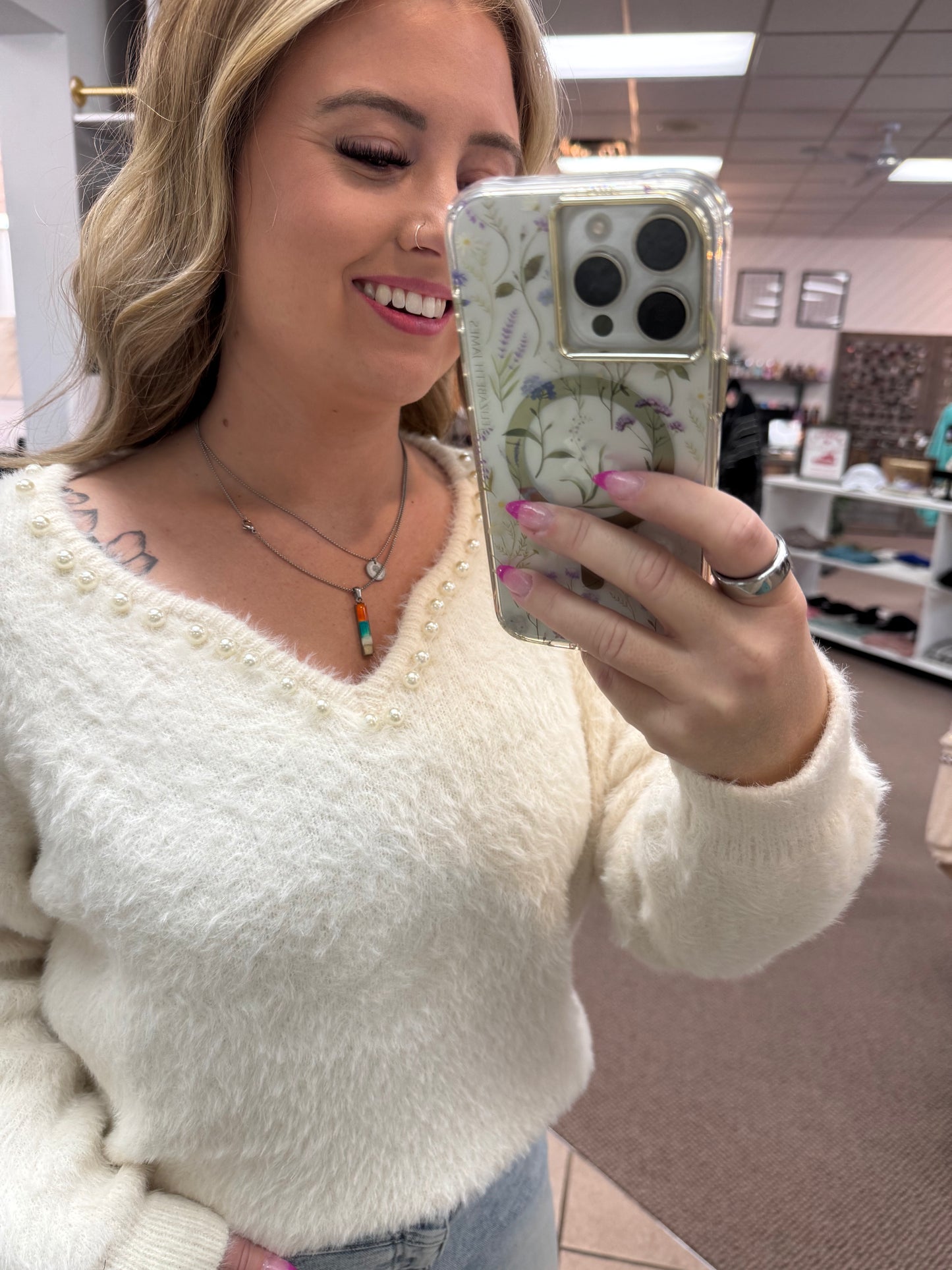 White Sweater with Pearl Neckline