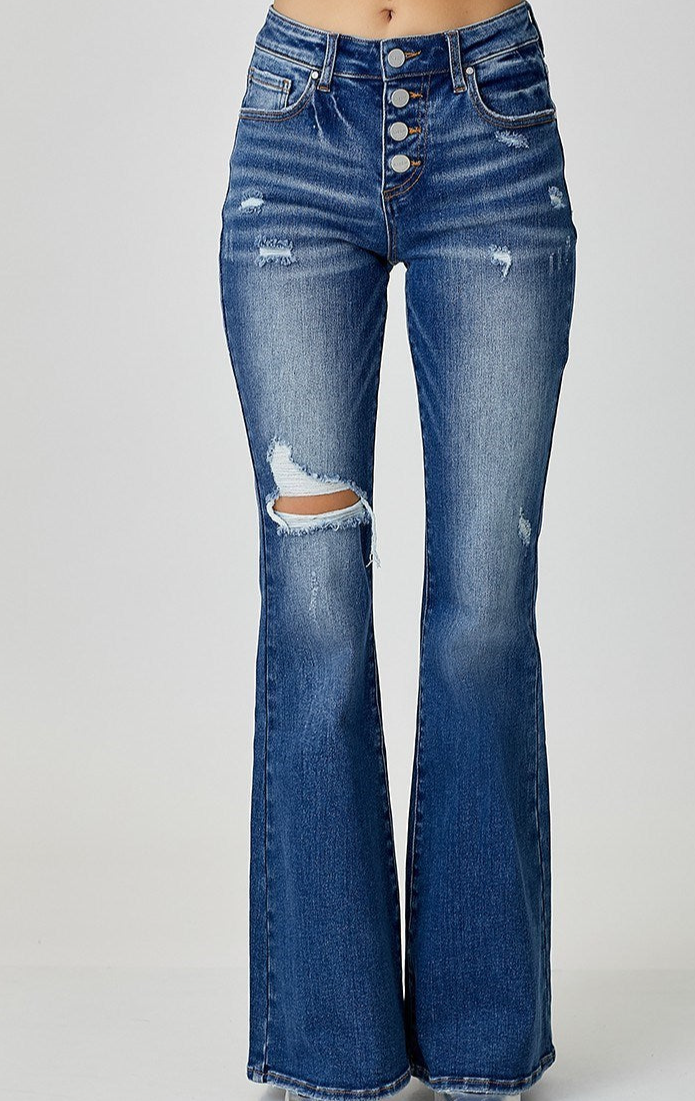 MID RISE BUTTON DOWN FLARE JEANS