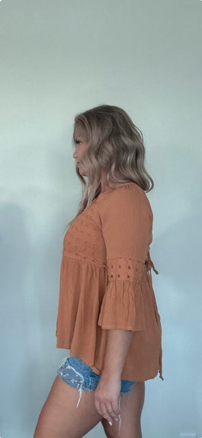 Mustard 3/4 Sleeve Cutout Top