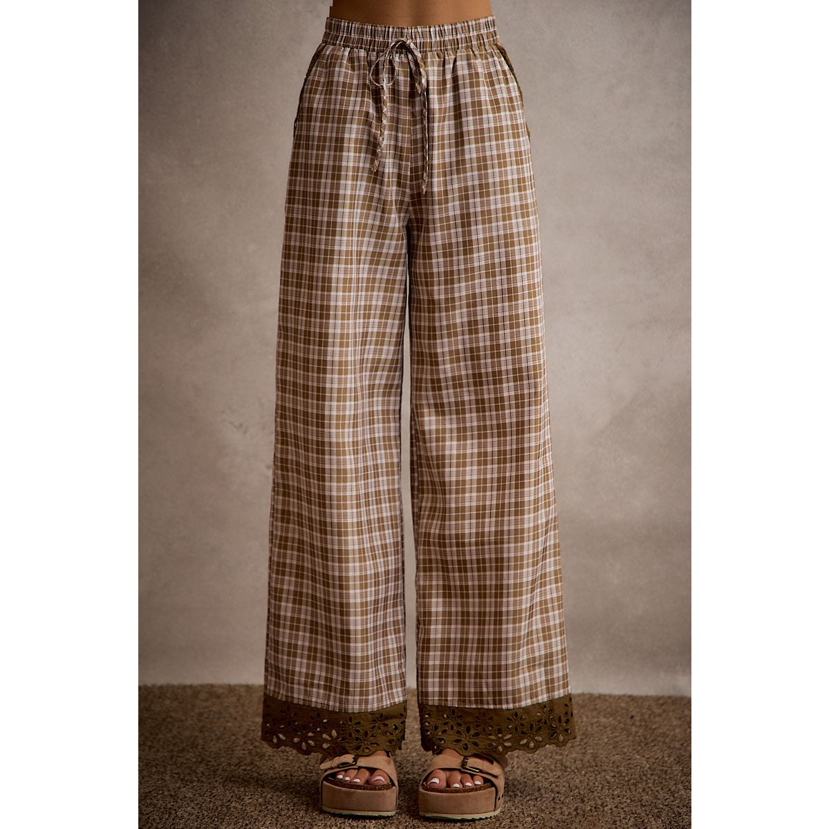 Plaid Check Wide Leg Pull On Wide Leg Pants with Lace