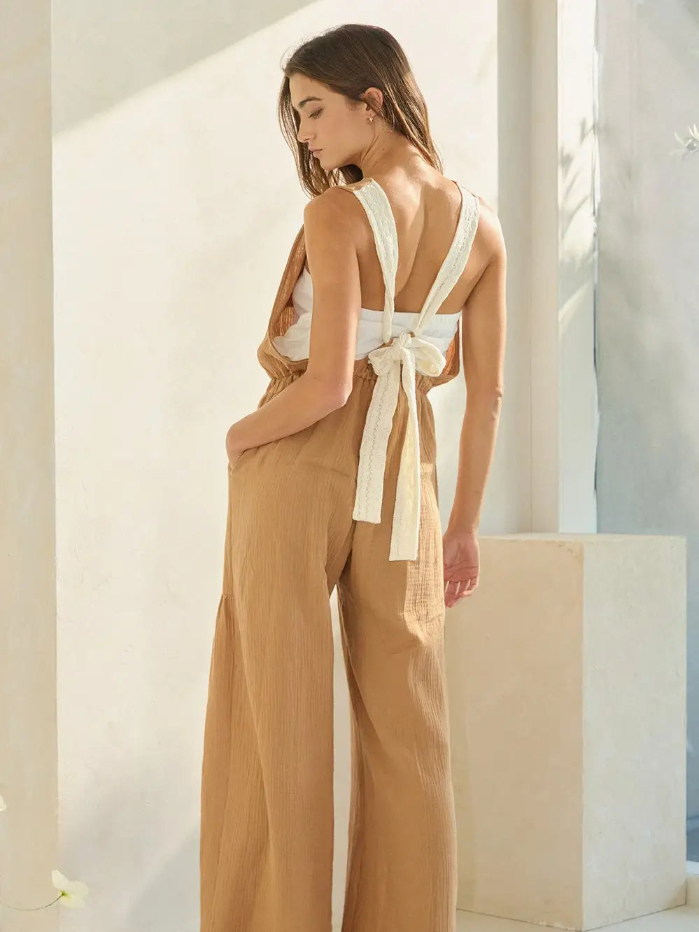 Contrast Adjustable Bow Back Cotton Gauze Jumpsuit