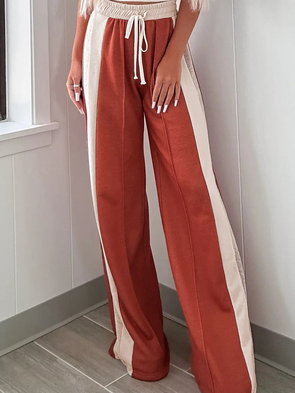 Color Block Drawstring High Waist Wide Leg Pants