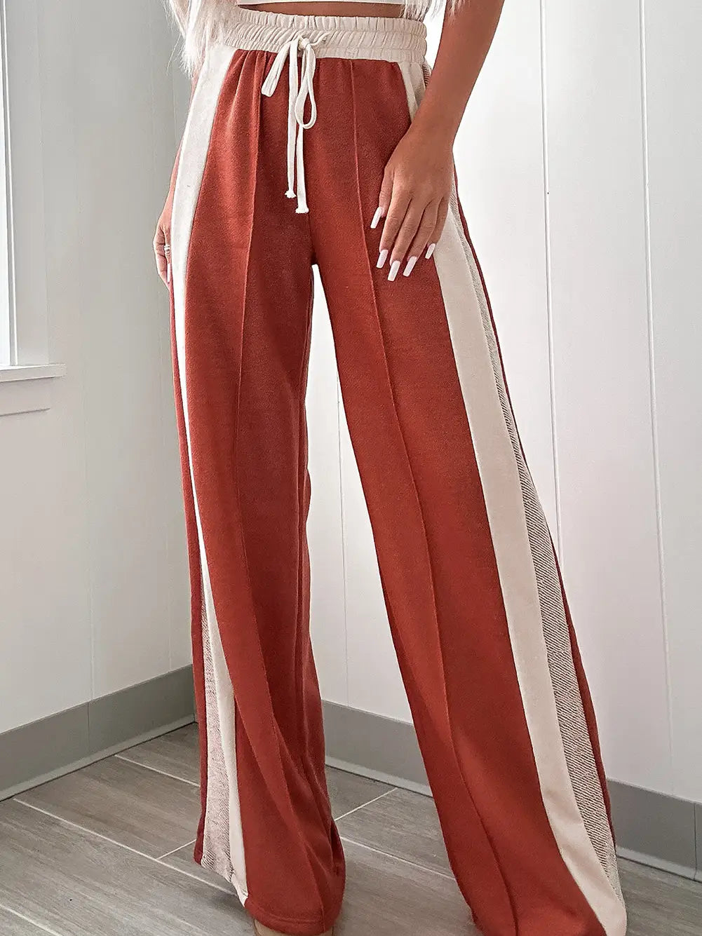 Color Block Drawstring High Waist Wide Leg Pants
