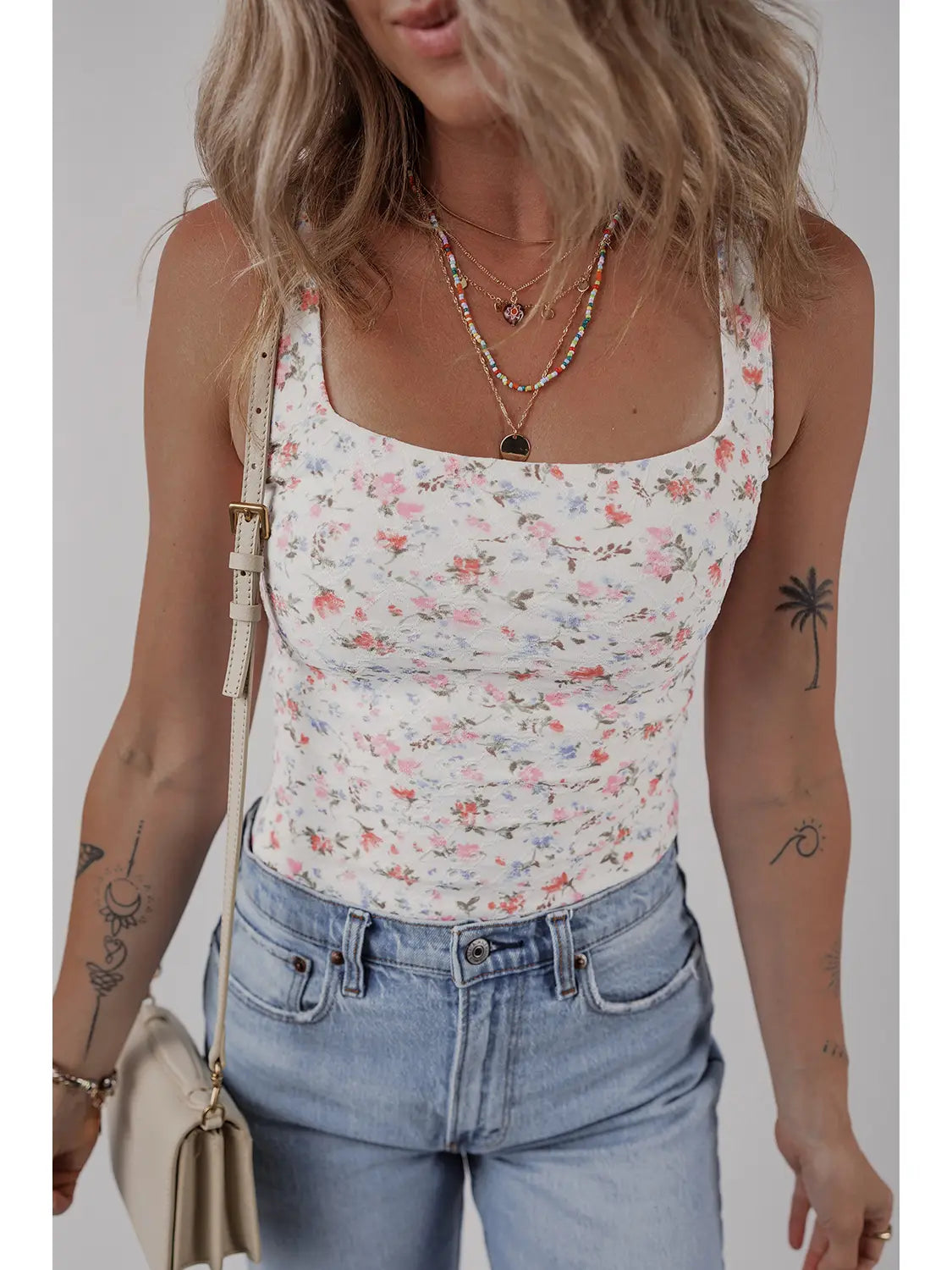 Floral Textured Square Neck Sleeveless Bodysuit