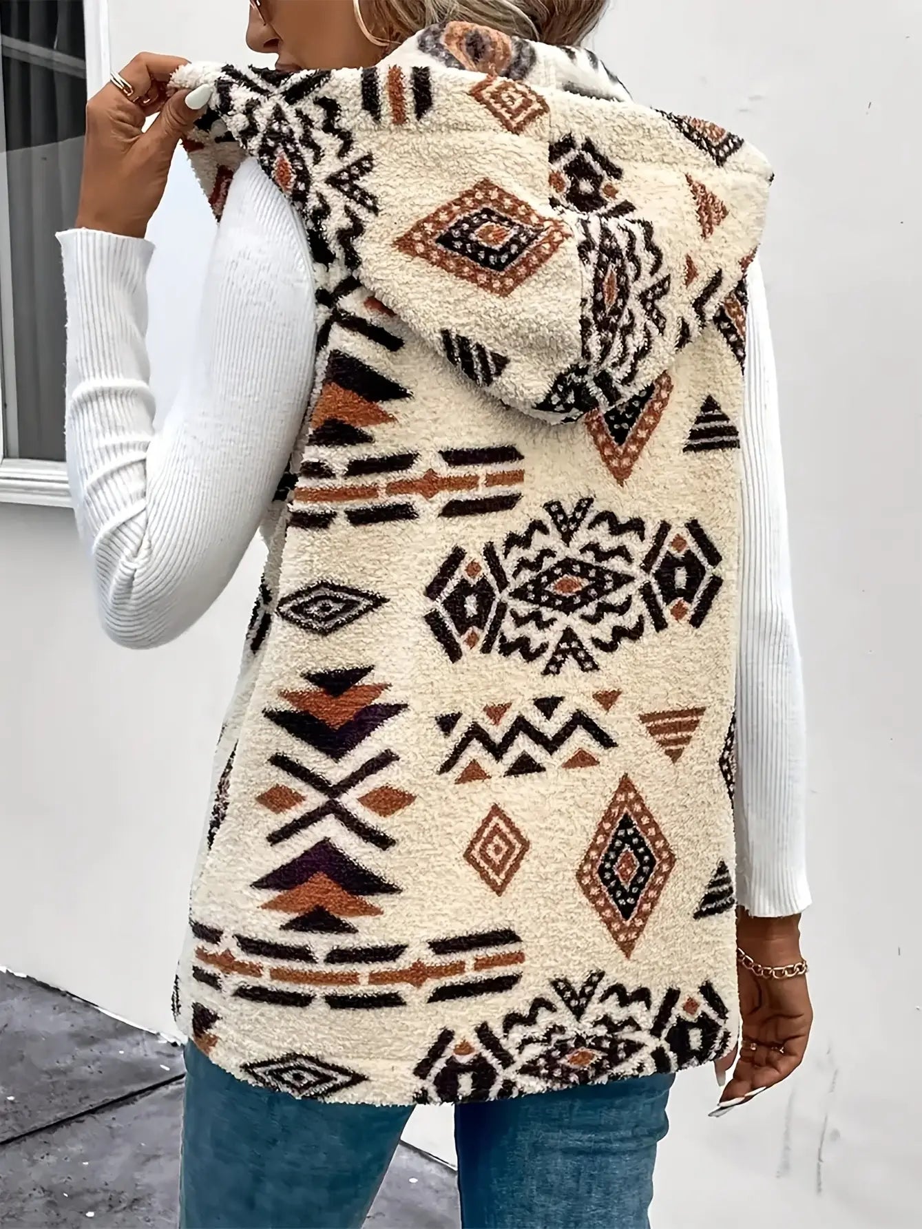 Aztec Geometry Print Plush Hooded Vest