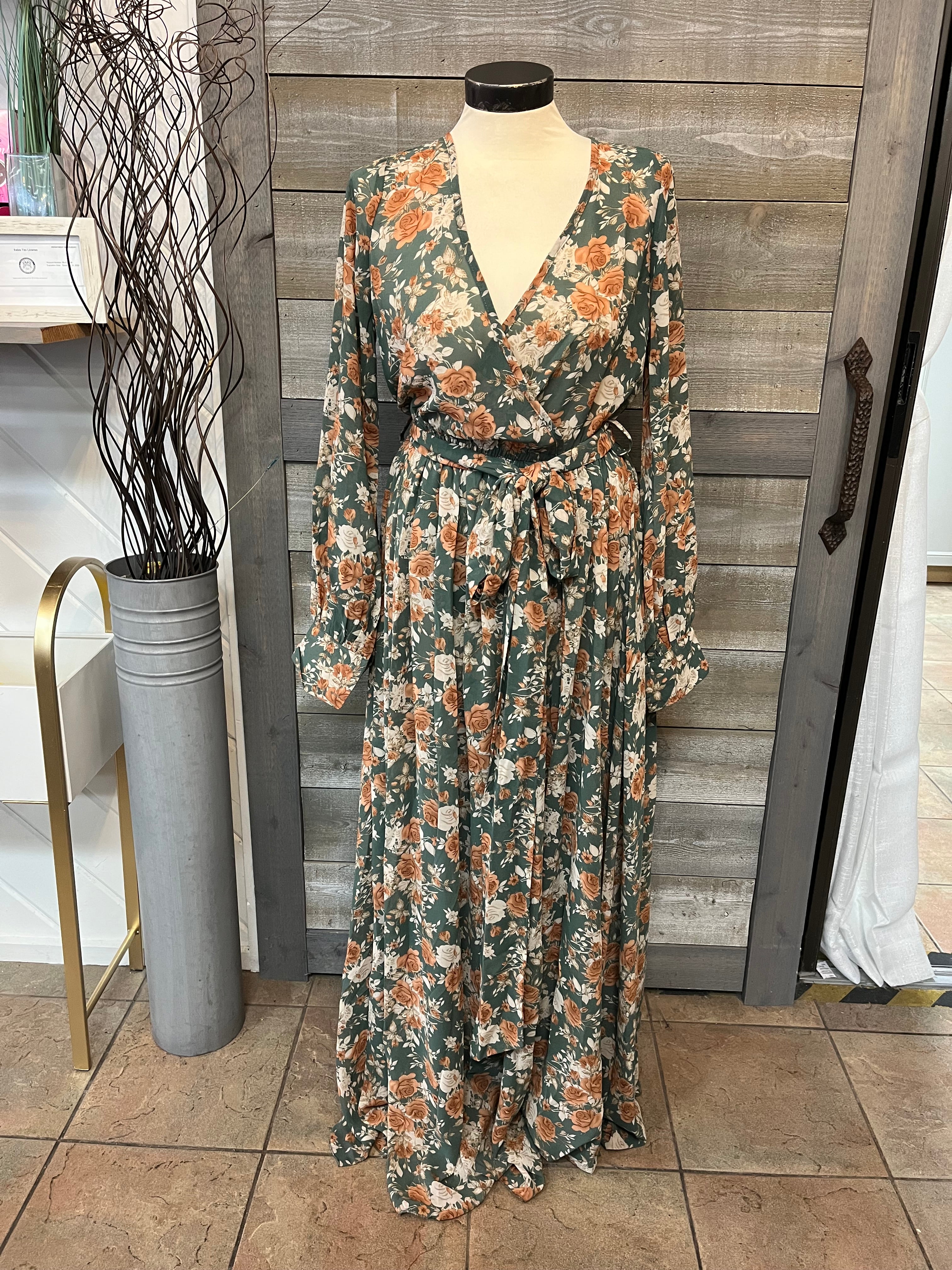 Long Green Dress with Burnt Orange Floral Long Green Dress with Burnt Orange Floral
