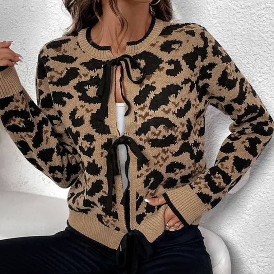 Leopard Print Bowtie Knitted Cardigan