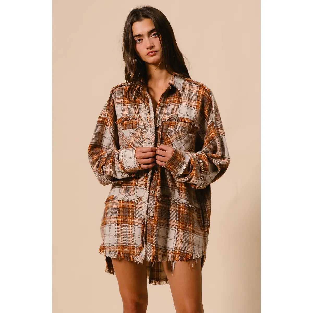 Checked Woven Frayed Detail Top
