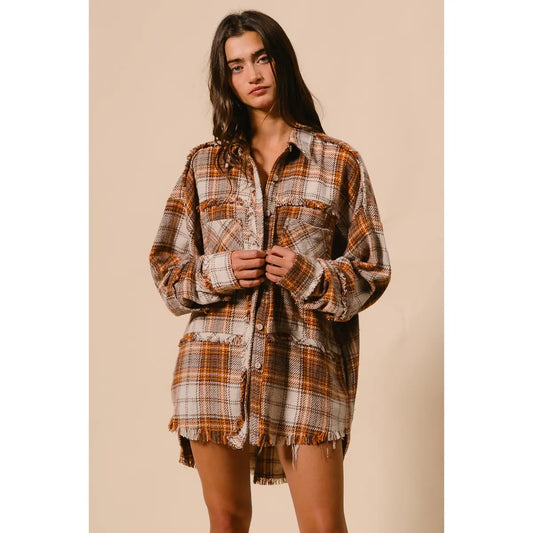 Checked Woven Frayed Detail Top