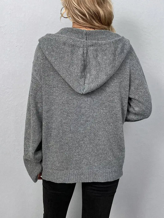 Solid Color Hooded Drawstring Knit Cardigan