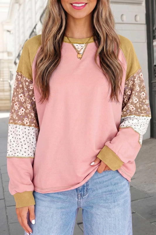 Floral Printed Waffle Textured Patchwork Top