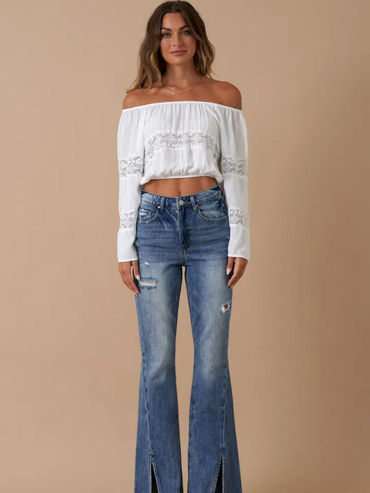 High Rise Front Slit Flare Distressed Denim