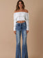 High Rise Front Slit Flare Distressed Denim