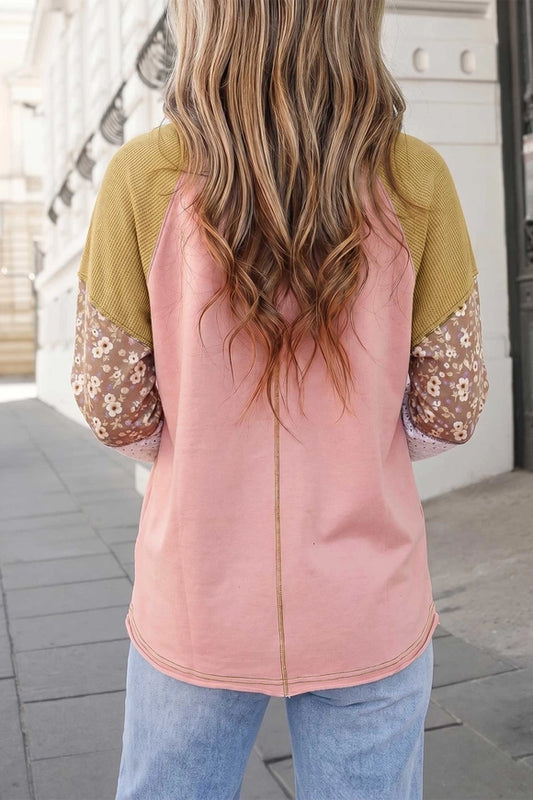 Floral Printed Waffle Textured Patchwork Top