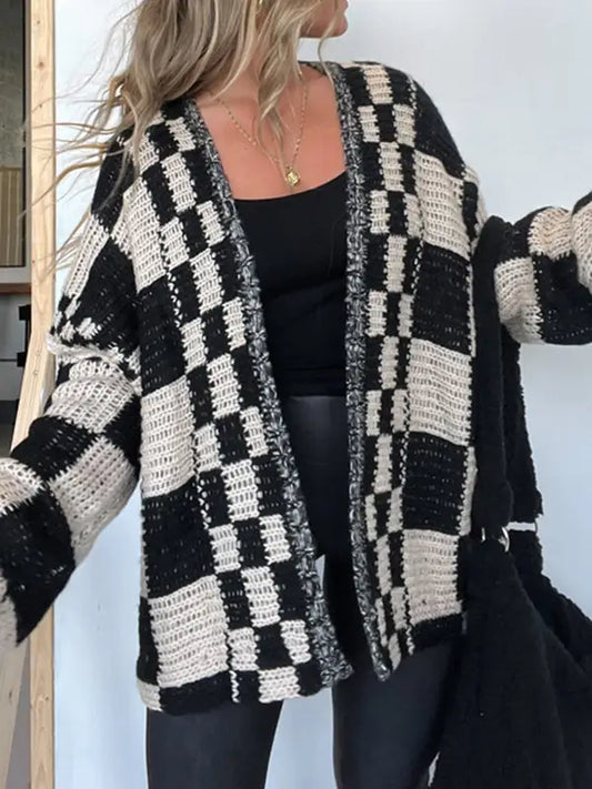 Boxy Checkerboard Knit Cardigan