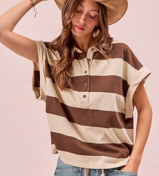 Wide Stripe Buttoned Collared Top
