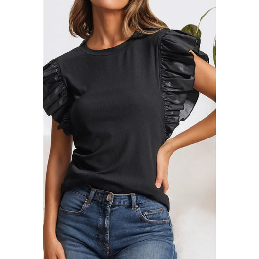 Leather Ruffle Shoulder Plain Blouse