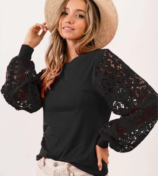 Lace Balloon Sleeve Rib Knit Top