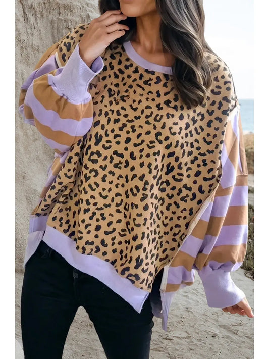 Stripe Leopard Side Slits Sweatshirt