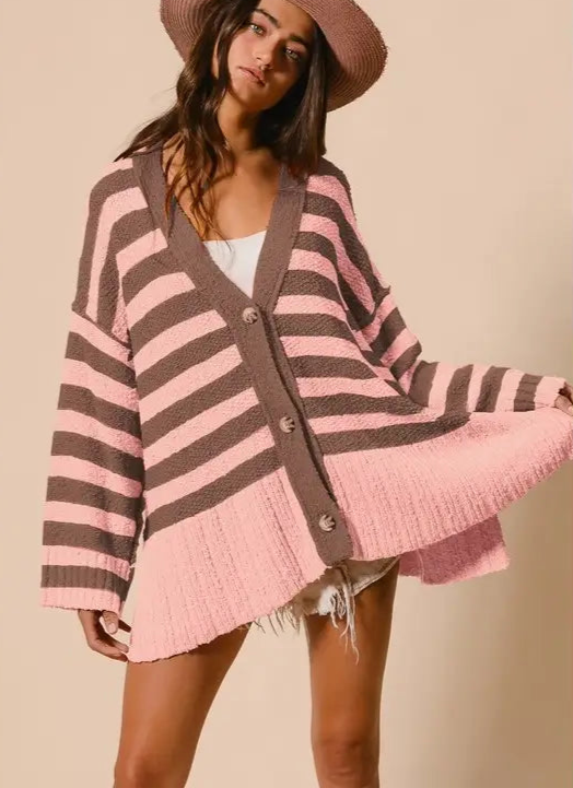 Stripe Sweater Buttoned V Neck Cardigan