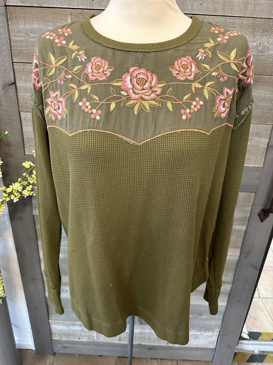 Green Waffle Embridered long sleeve