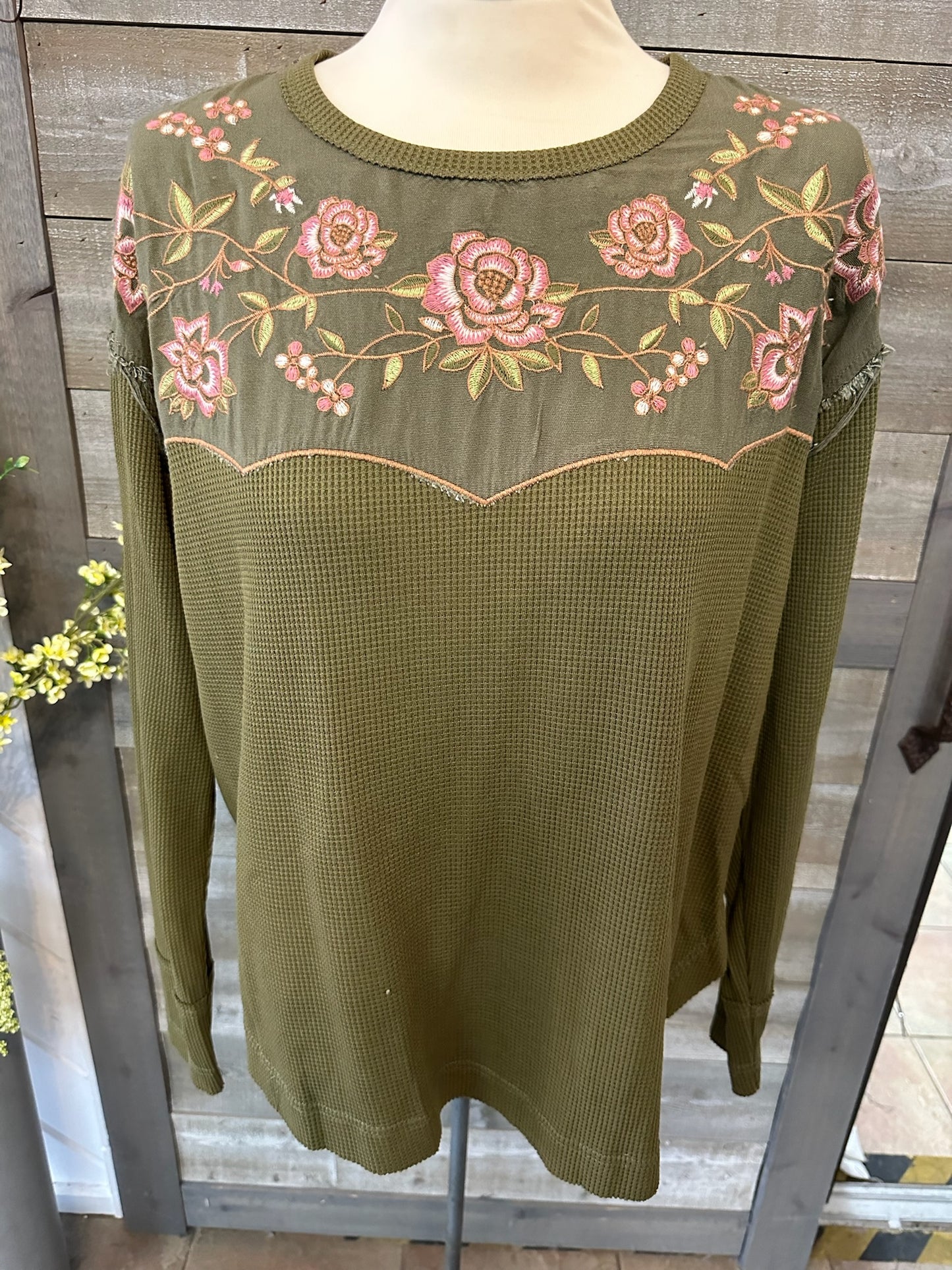 Green Waffle Embridered long sleeve