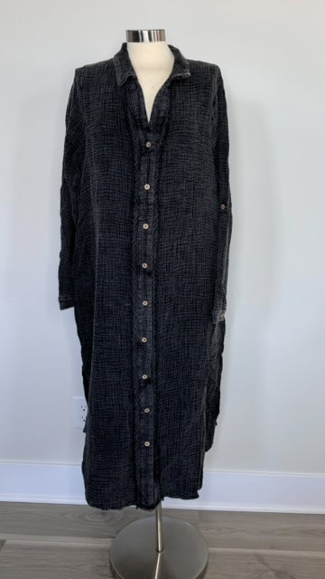 Acid Wash Black Gauze Button Dress