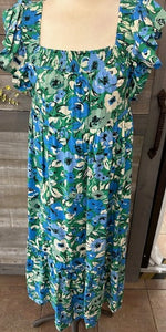 Blue and Green Floral Flutter Sleeve Dress