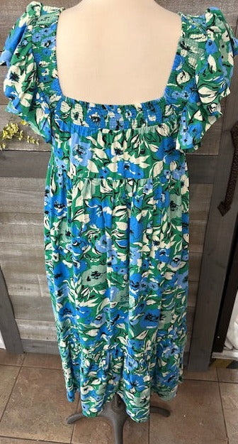 Blue and Green Floral Flutter Sleeve Dress