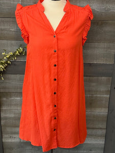 Orange Button Down Flutter Sleeve Dress
