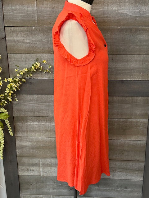 Orange Button Down Flutter Sleeve Dress