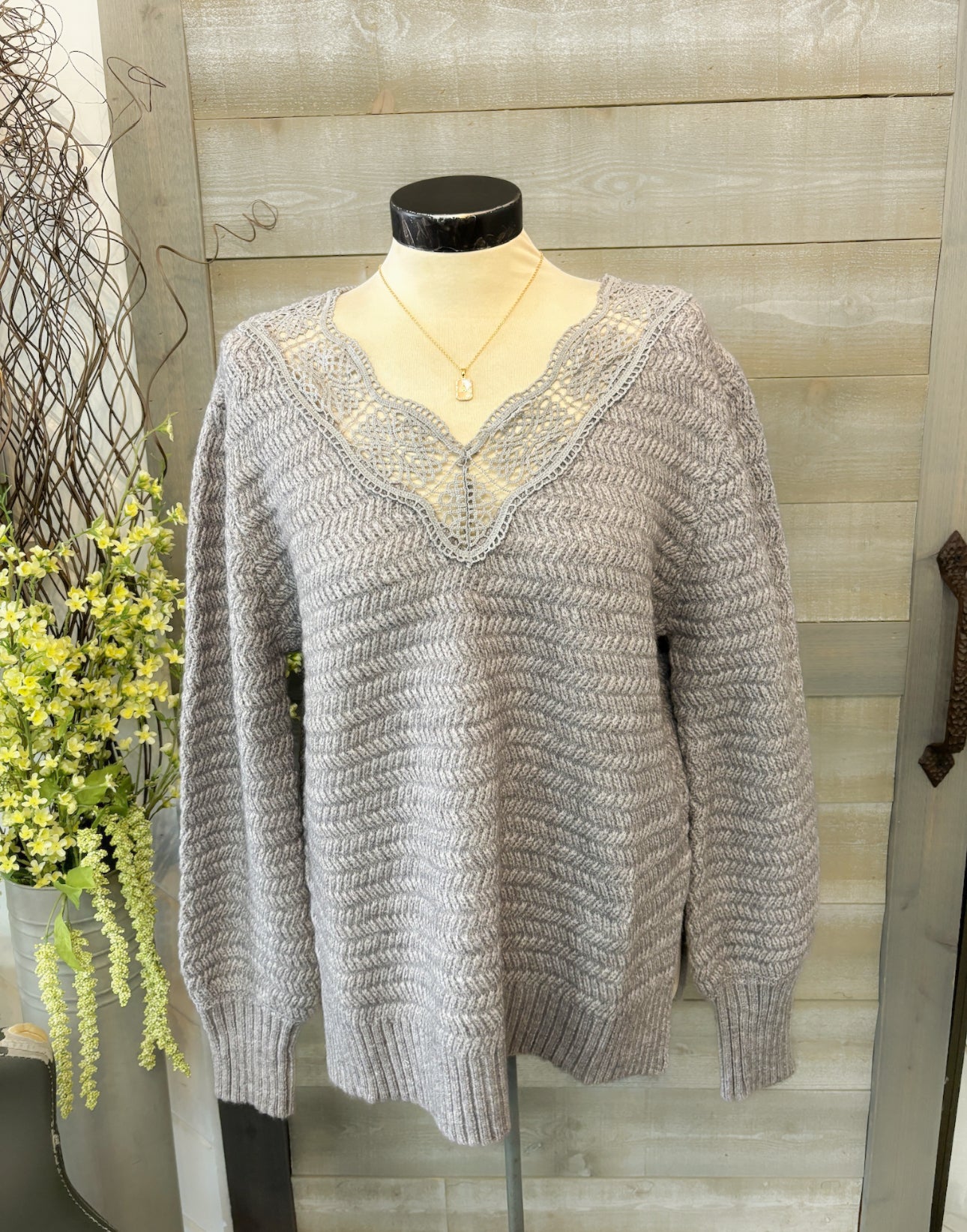 Grey Lace Trim Sweater