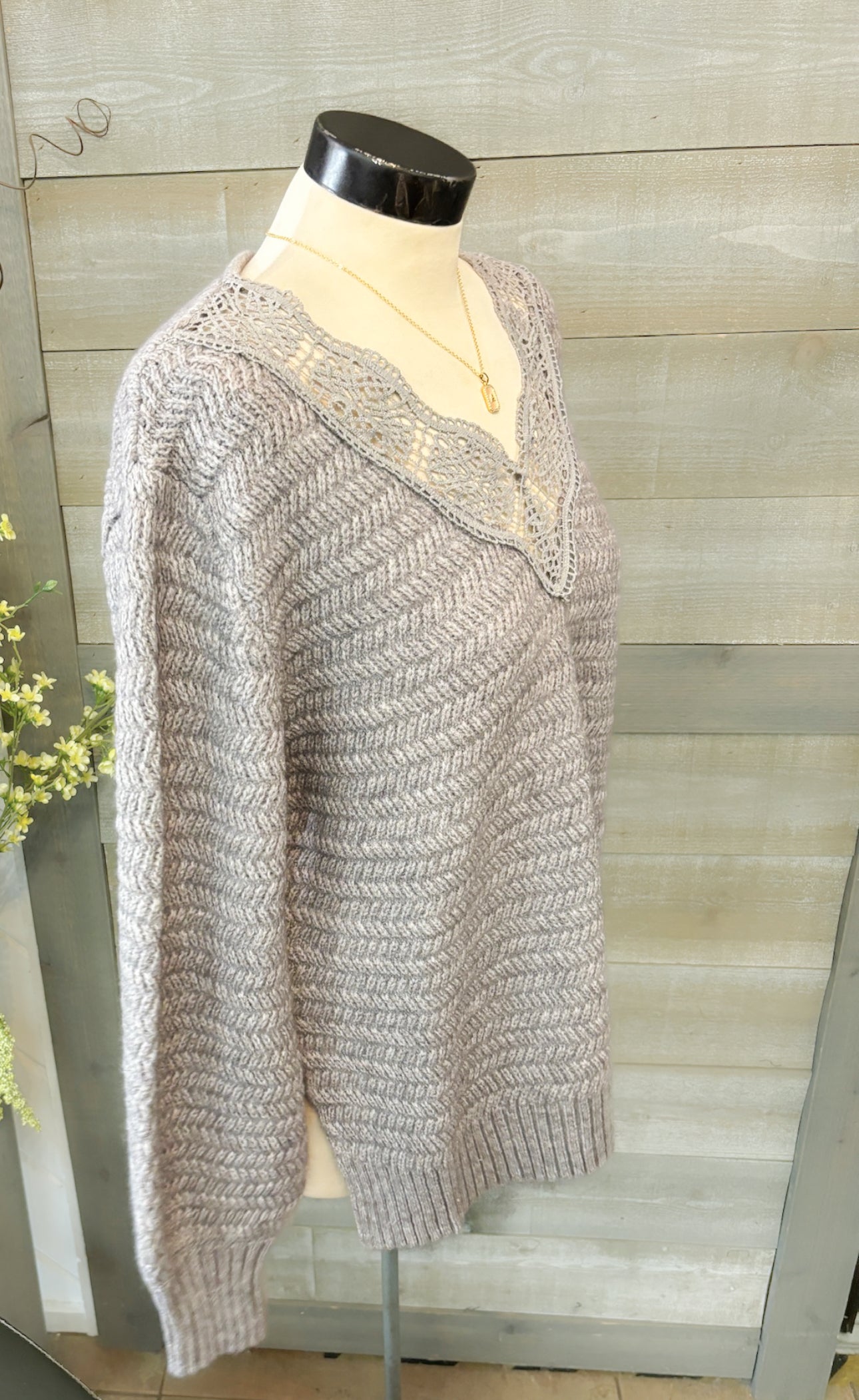 Grey Lace Trim Sweater