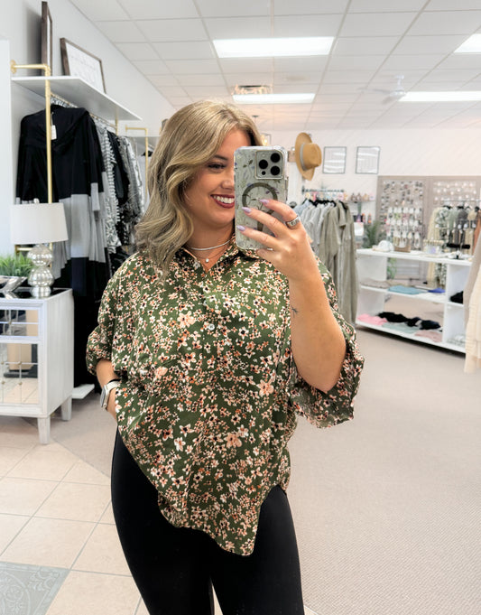 Olive Green Floral Blouse