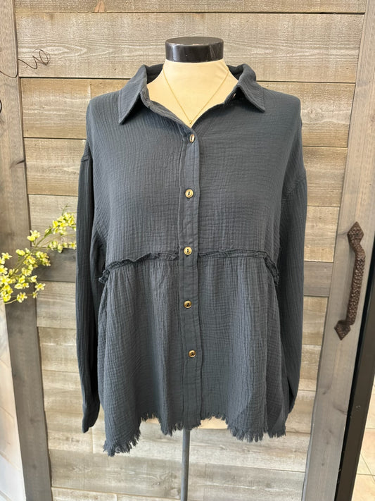 Crinkle Slate Button Down Blouse